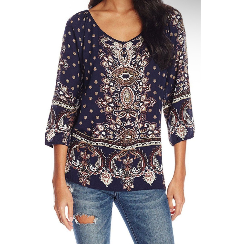 Women's Angie Blouse Top Size M Blue Brown Paisley Print 3/4 Raglan Sleeve